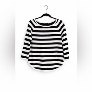 JEANNE PIERRE Black and White Striped Cotton Top Medium Boat Neck Breton Stripe